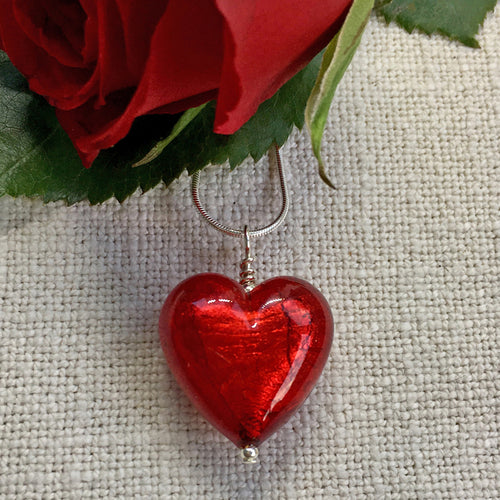 Necklace with red Murano glass medium heart pendant on silver chain