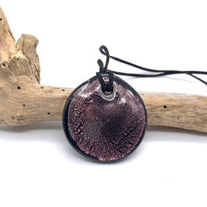 Necklace with amethyst (purple) and silver on black Murano glass near circular flat pendant