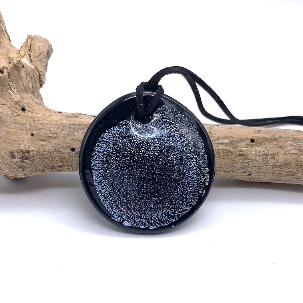 Necklace with blue and silver on black Murano glass near circular large flat pendant