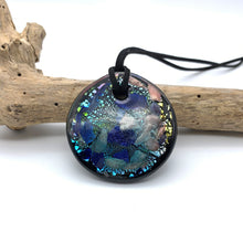 Necklace with shades of blue and ruby on black Murano glass circular large flat pendant