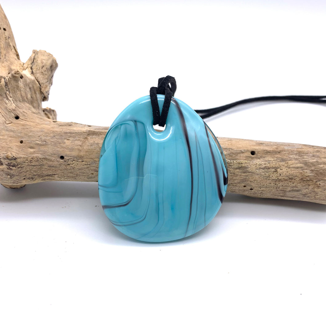 Necklace with turquoise (blue) pastel Murano glass near circular large flat pendant