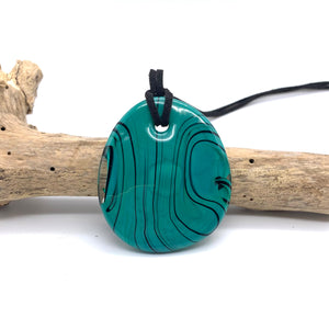 Necklace with teal (green, jade) pastel Murano glass near circular large flat pendant