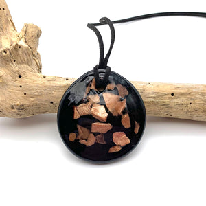 Necklace with shades of aventurine leaf on black Murano glass circular large flat pendant