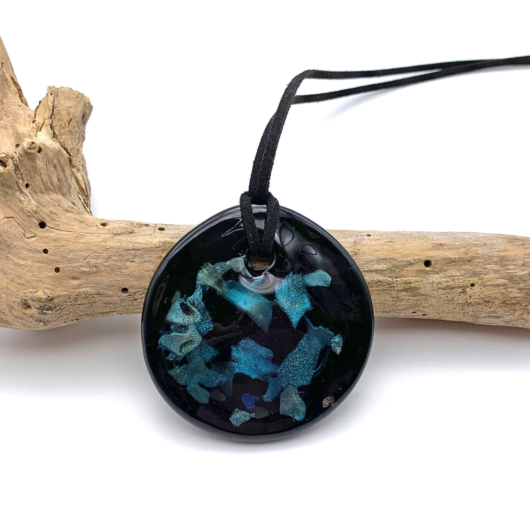 Necklace with shades of aqua (blue) leaf on black Murano glass circular large flat pendant