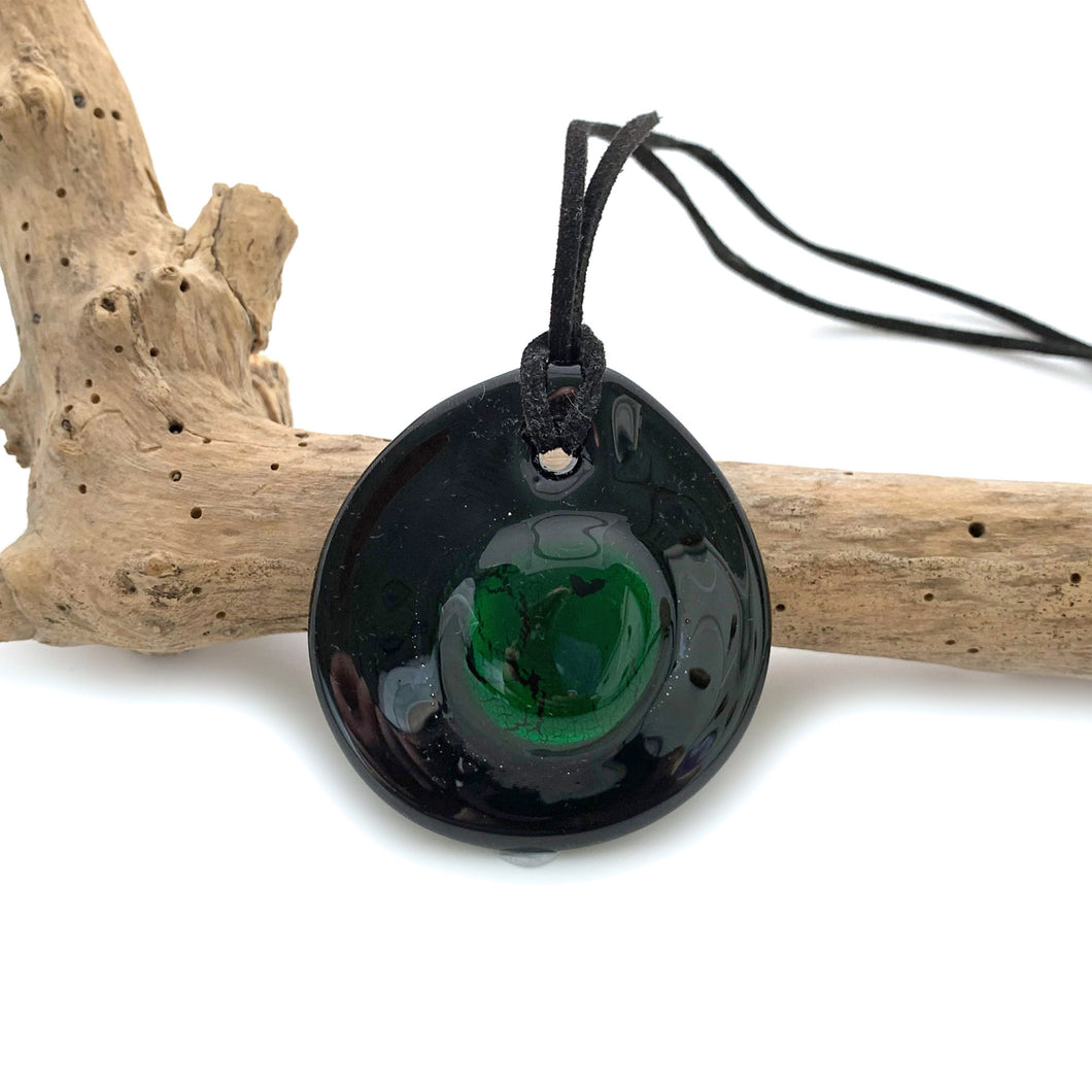 Necklace with dark green and silver on black Murano glass near circular large dome pendant