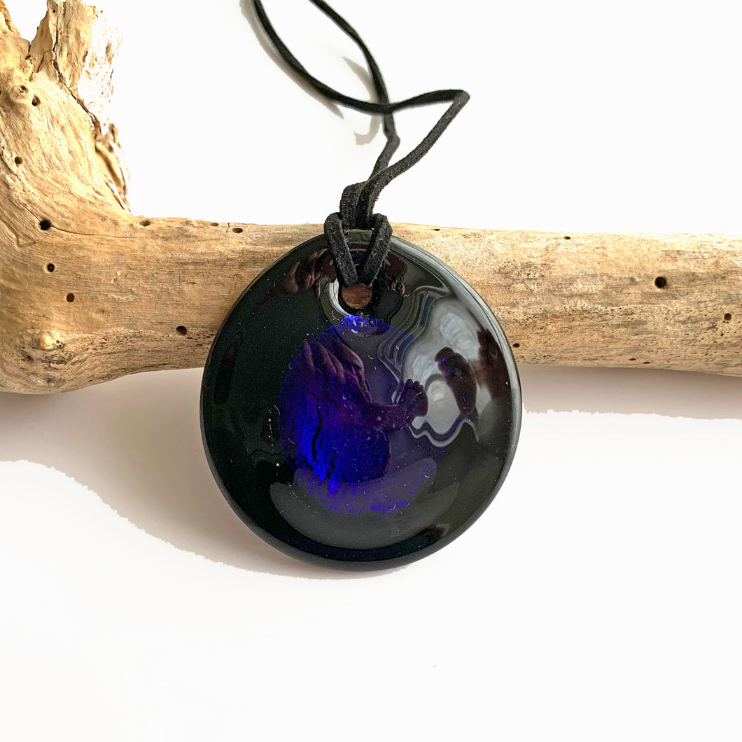 Necklace with dark blue (cobalt) and silver on black Murano glass near circular dome pendant