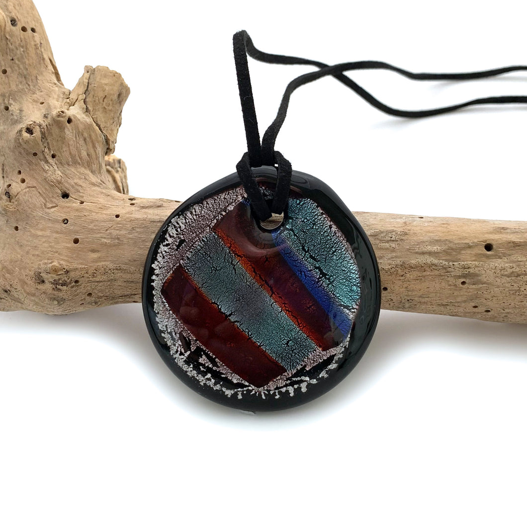 Necklace with red aquamarine blue stripes and silver on black Murano glass near circular dome pendant