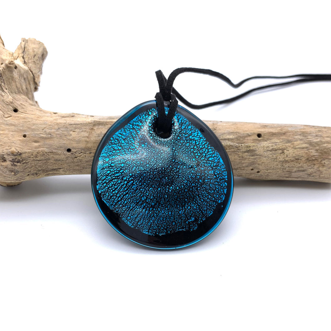 Necklace with turquoise (blue) and silver on black Murano glass near circular flat pendant