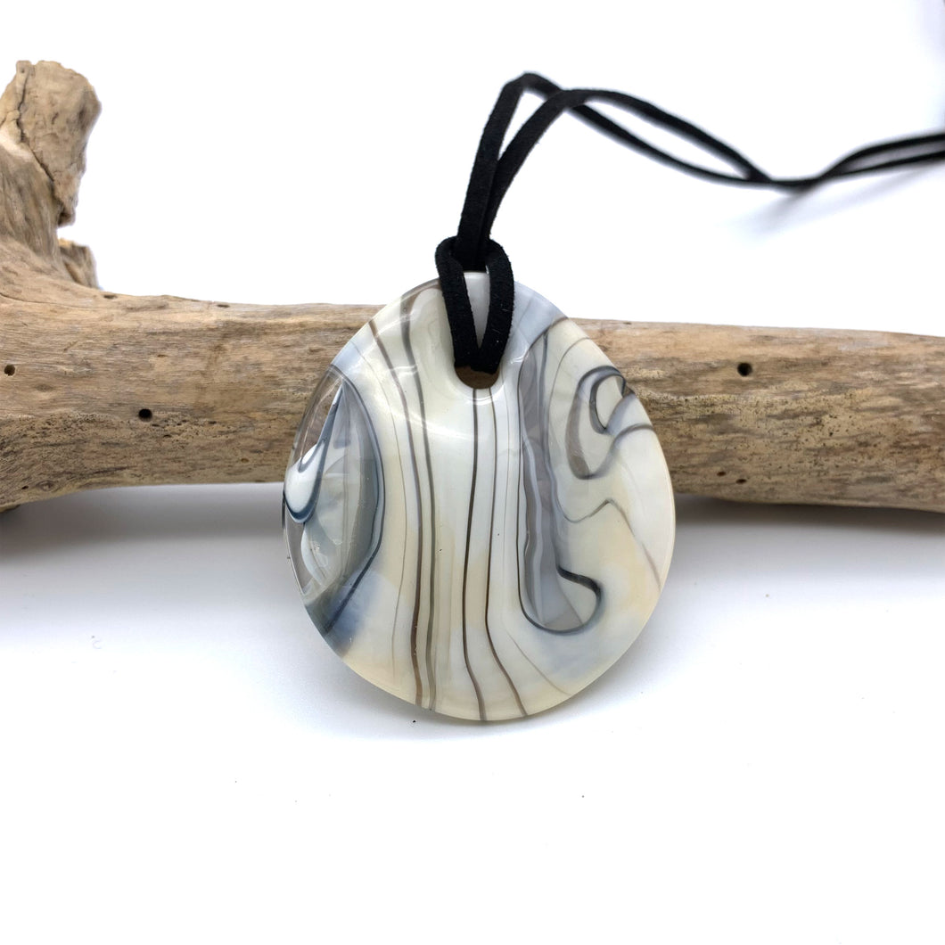 Necklace with ivory (white) pastel Murano glass near circular large flat pendant