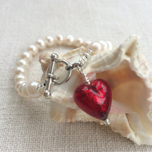 Bracelet with red Murano glass small heart charm on white freshwater pearls
