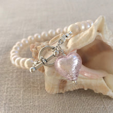 Bracelet with light (pale) pink Murano glass small heart charm on white freshwater pearls