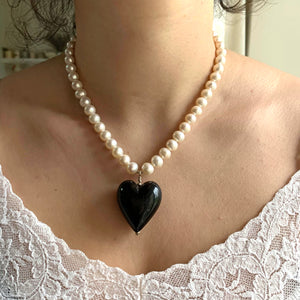 Necklace with black pastel Murano glass large heart pendant on white pearls