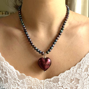 Necklace with dark amethyst (purple) Murano glass large heart on black pearls
