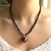 Necklace with dark amethyst (purple) Murano glass medium heart on black pearls