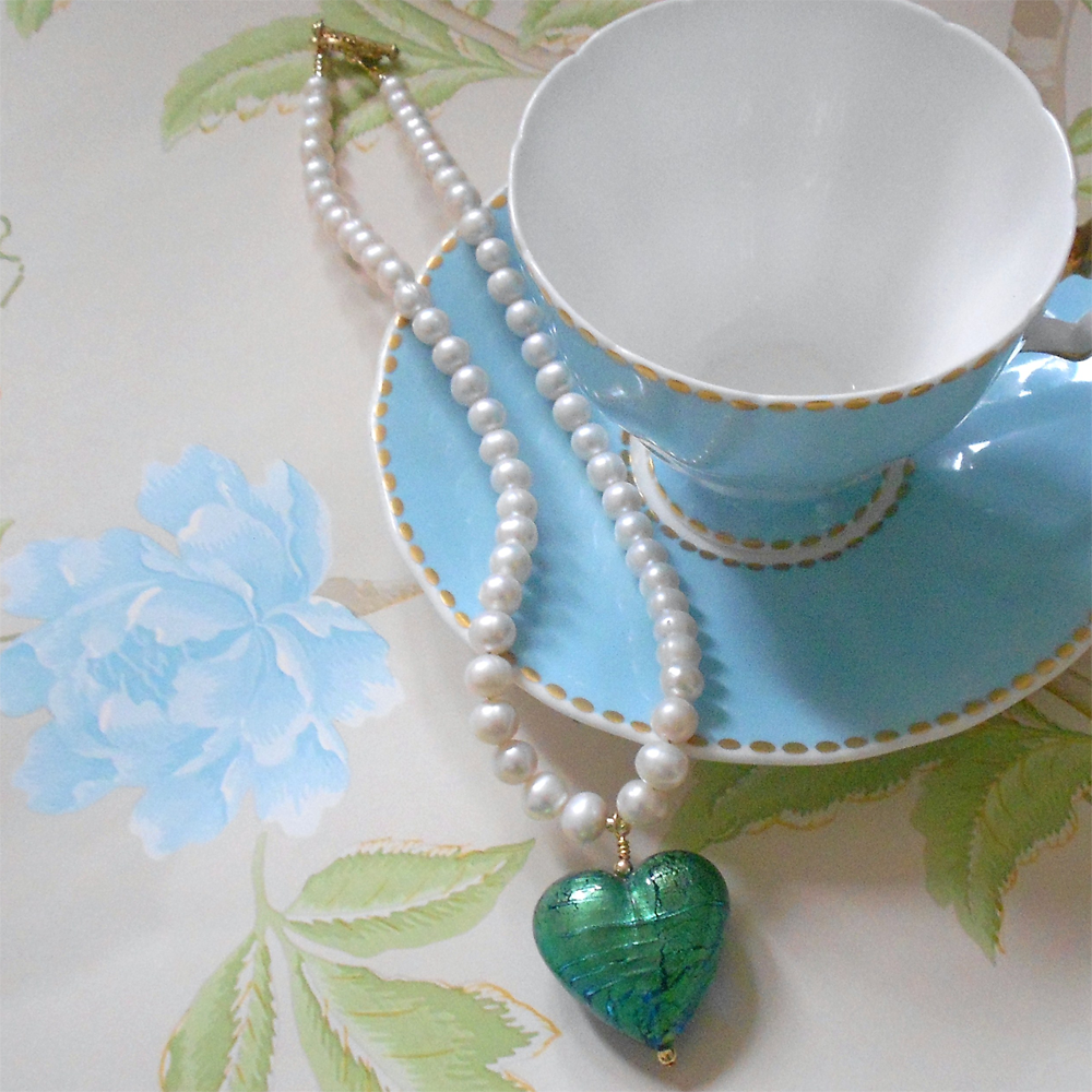 Necklace with sea green jade teal Murano glass large heart