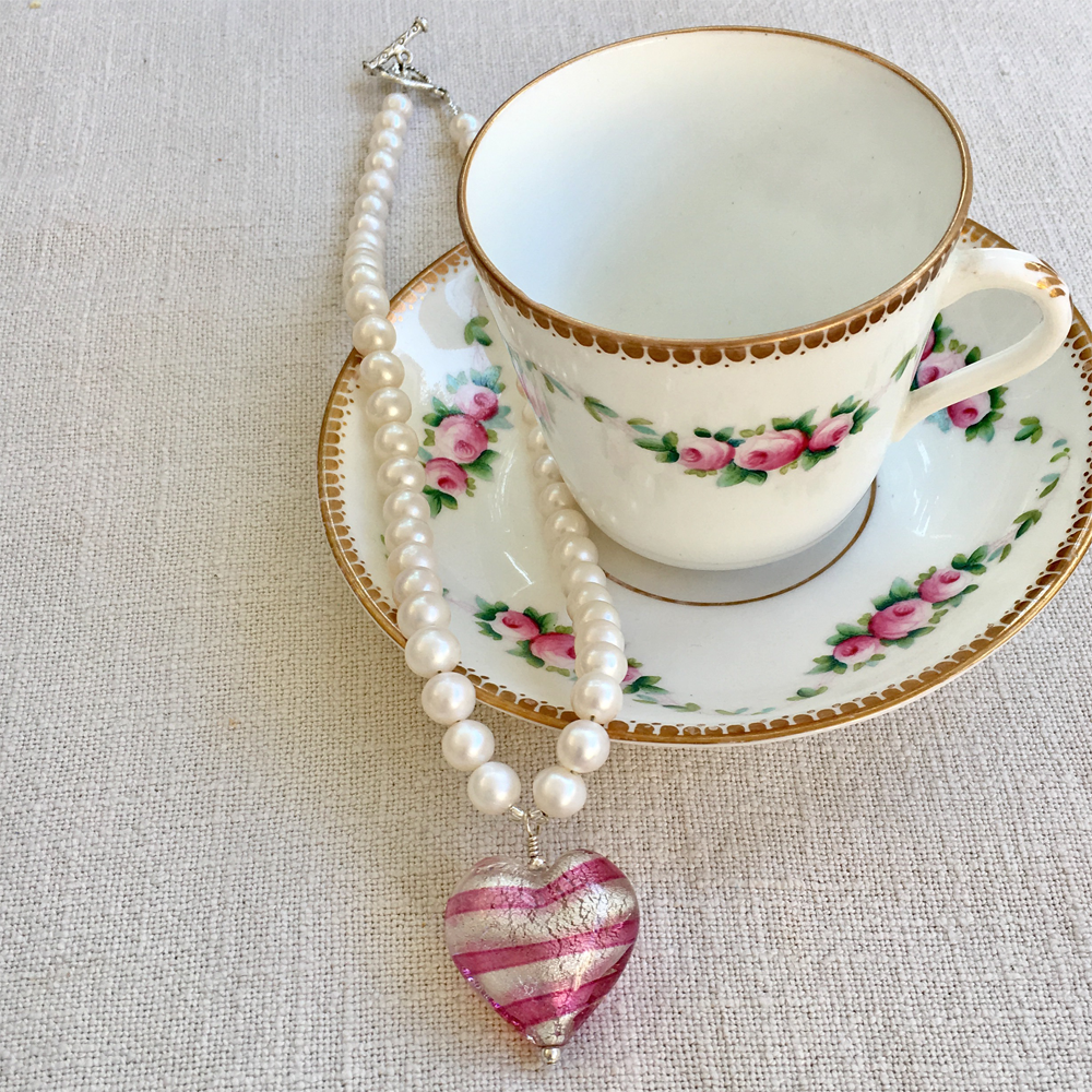 Necklace with candy stripe pink Murano glass large heart pendant on white pearls