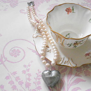 Necklace with grey Murano glass large heart pendant on white pearls