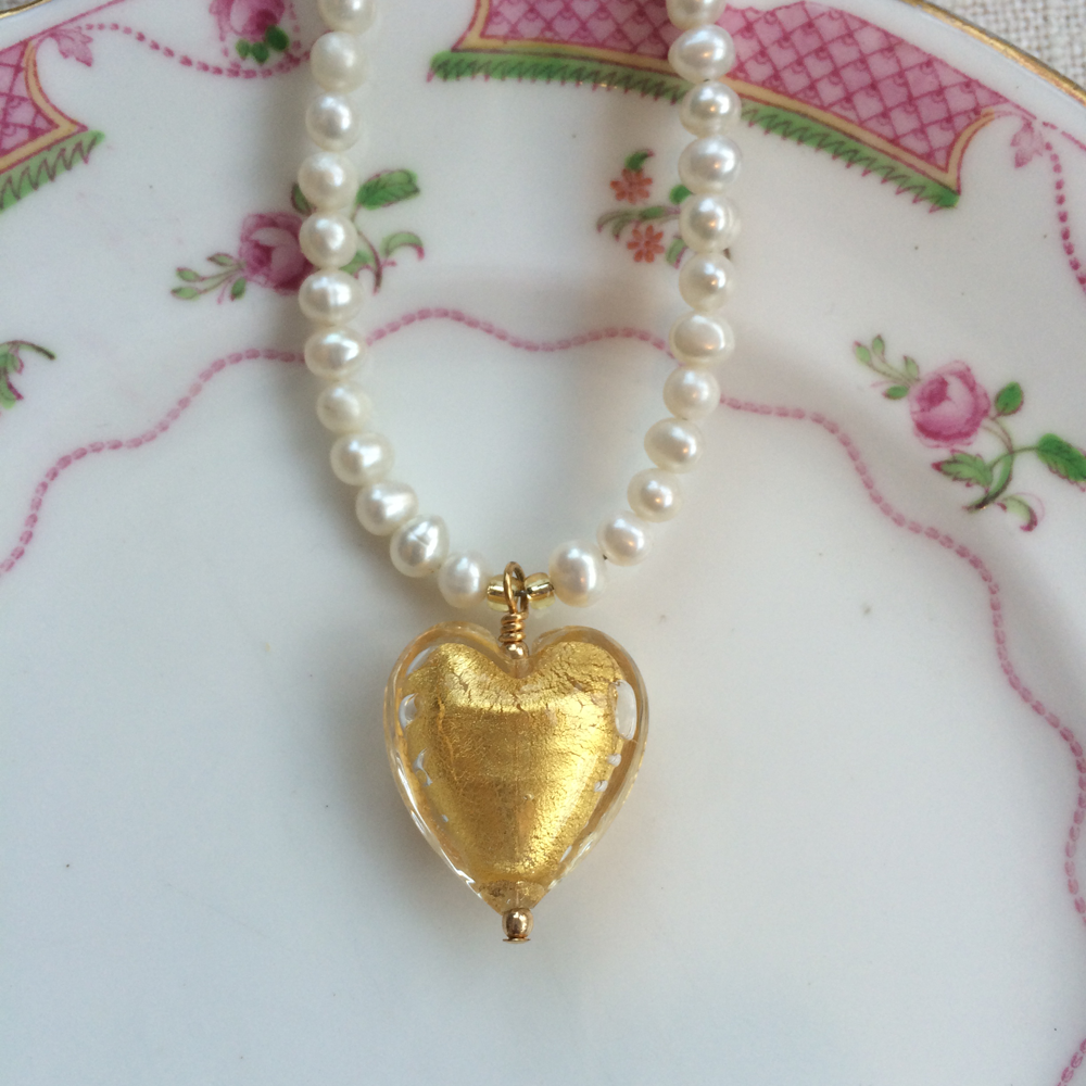 Necklace with light (pale) gold Murano glass medium heart pendant on white pearls