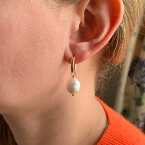 Pearl earrings with cultured freshwater white baroque 'Kasumi' pearl drops on gold hoops