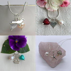 Three charm necklace in silver with rose pink (cerise, fuchsia) heart and *charm options*