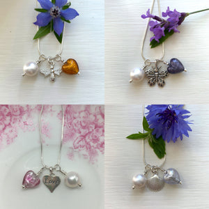 Three charm necklace in silver with cornflower blue heart and *charm options*