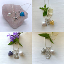 Three charm necklace in silver with aquamarine (blue) heart and *charm options*