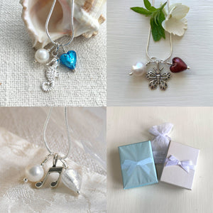 Three charm necklace in silver with aquamarine (blue) heart and *charm options*