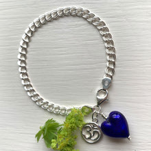 Bracelet with dark blue (cobalt) Murano glass small heart and ohm charms on silver chain