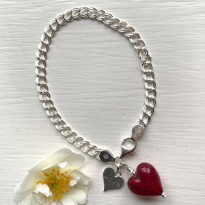 Bracelet with red Murano glass small heart and silver 'Love' heart charms on silver chain