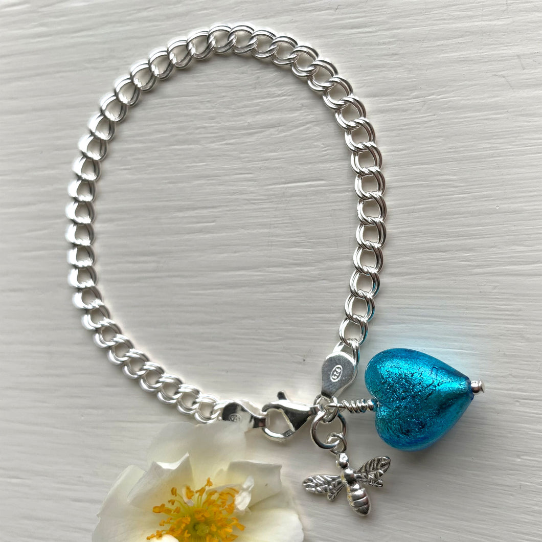 Bracelet with turquoise (blue) Murano glass small heart, honey bee charms on silver chain