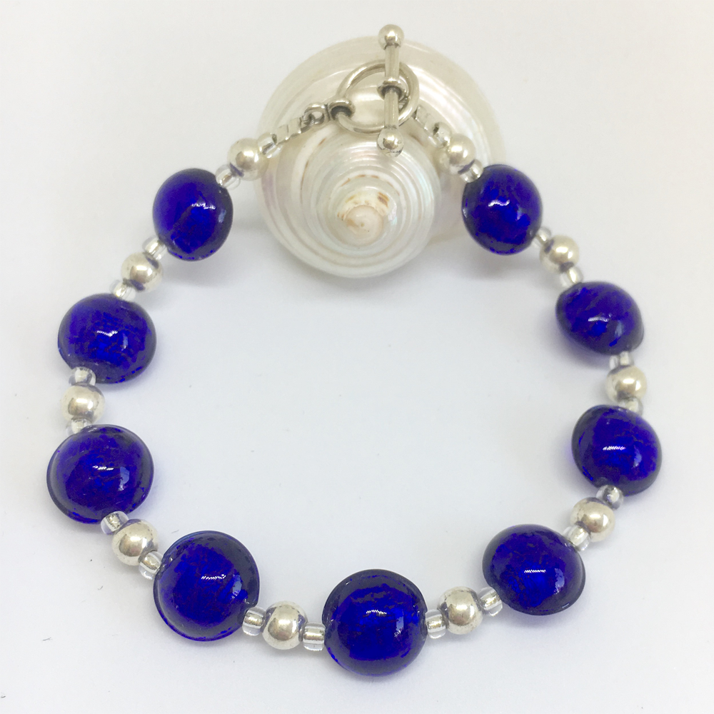 Bracelet with dark blue (cobalt) Murano glass mini lentil beads on silver beads and clasp