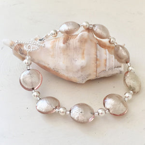 Bracelet with champagne (peach, pink) Murano glass small lentil beads on silver