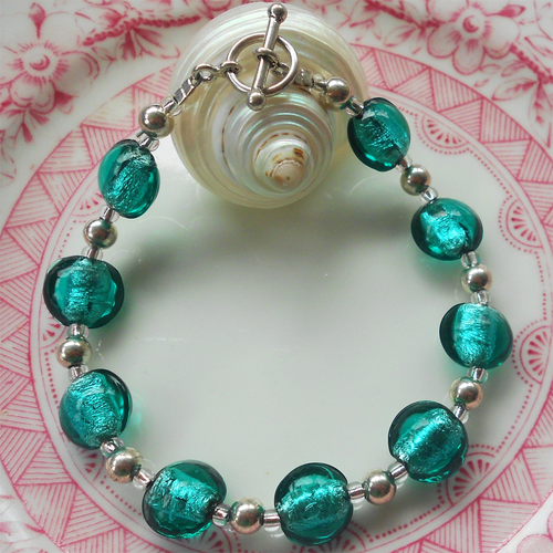 Bracelet with teal (green, jade) Murano glass mini lentil beads on silver beads and clasp
