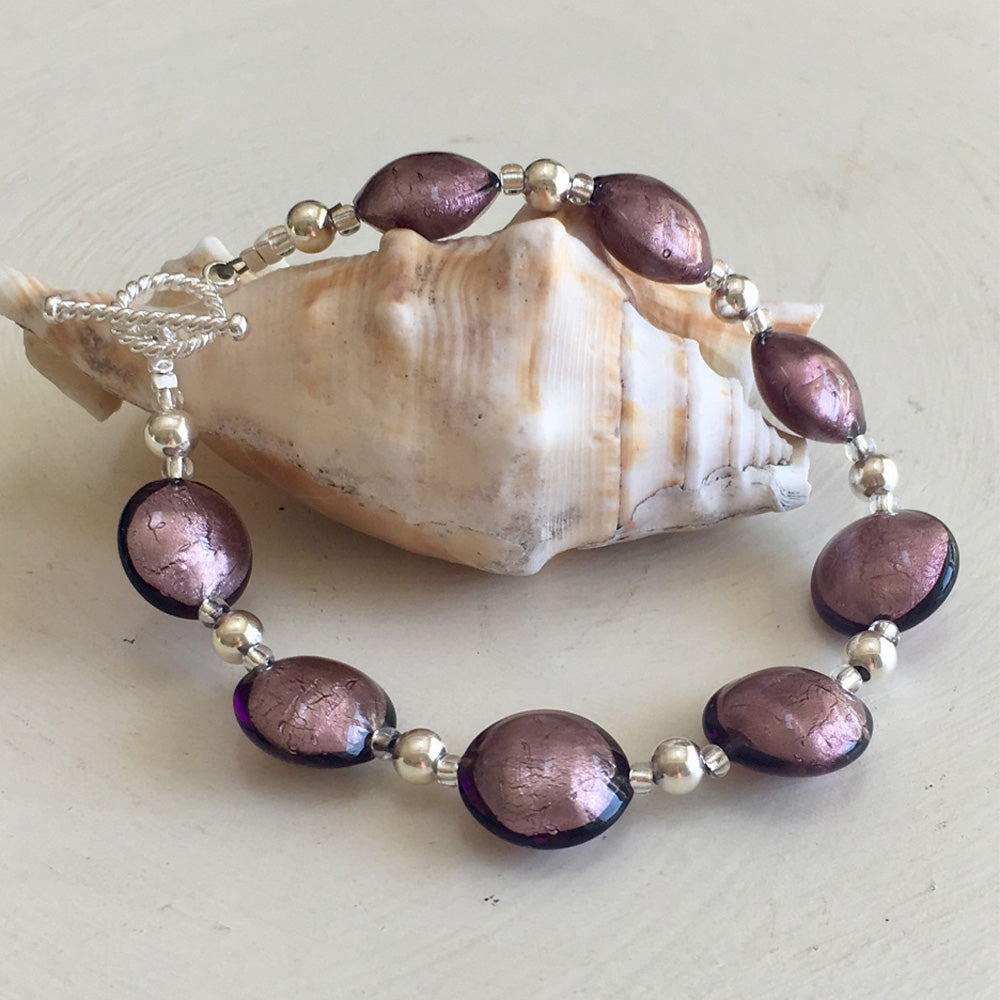 Bracelet with dark amethyst (purple) Murano glass small lentil beads on silver