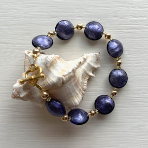 Bracelet with purple velvet Murano glass small lentil beads on gold