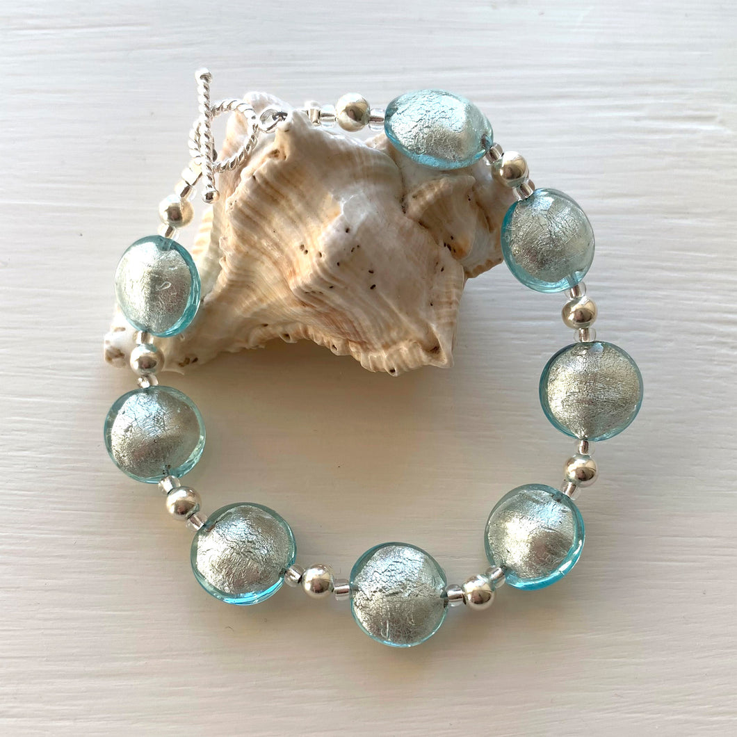 Bracelet with aquamarine (blue) Murano glass small lentil beads on silver