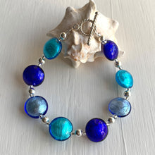 Bracelet with three shades of blue Murano glass small lentil beads on silver