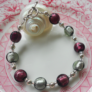 Bracelet with dark amethyst (purple) and grey Murano glass mini lentil beads on silver
