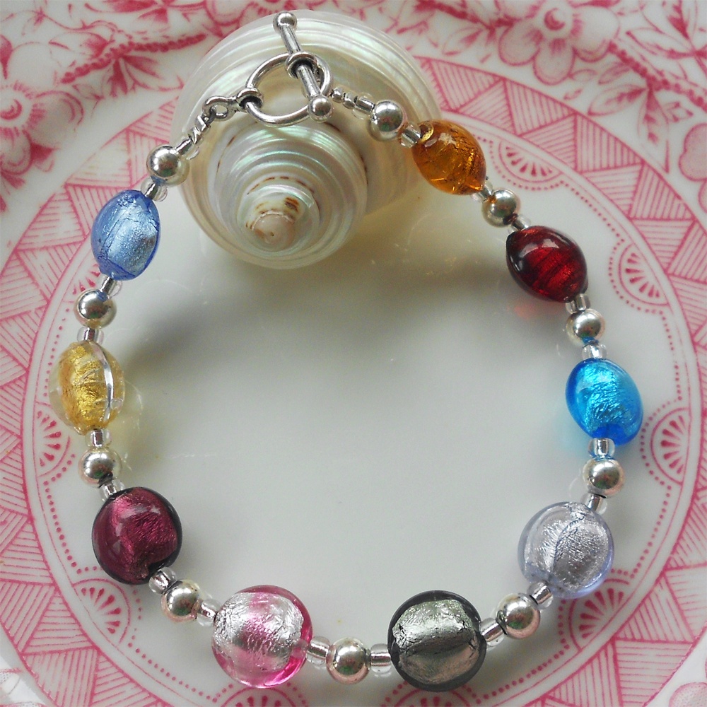 Bracelet with multicolours Murano glass mini lentil beads on silver beads and clasp