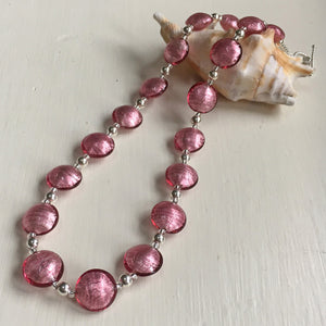 Necklace with rose pink (cerise) Murano glass small lentil beads on silver