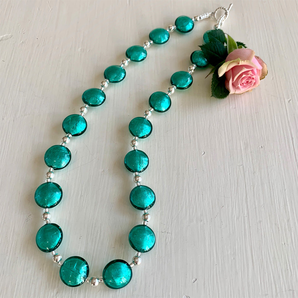 Necklace with teal (green, jade) Murano glass small lentil beads on silver