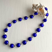 Necklace with dark blue (cobalt) Murano glass small lentil beads on silver