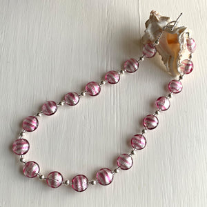Necklace with candy stripe pink Murano glass small lentil beads on silver