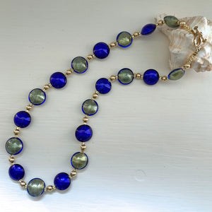 Necklace with blue and gold and dark blue (cobalt) Murano glass small lentil beads on gold