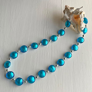 Necklace with turquoise (blue) Murano glass small lentil beads on silver