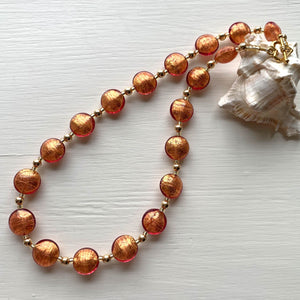 Necklace with burnt orange (rose pink) Murano glass small lentil beads on gold
