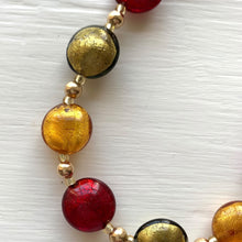 Necklace with gold topaz (amber), grey and red Murano glass small lentil beads on gold