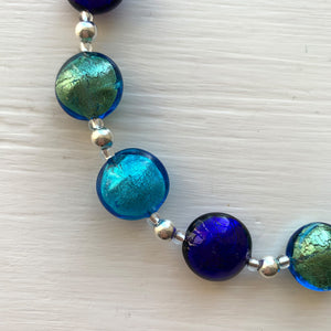 Necklace with three shades of sea blue Murano glass small lentil beads on silver