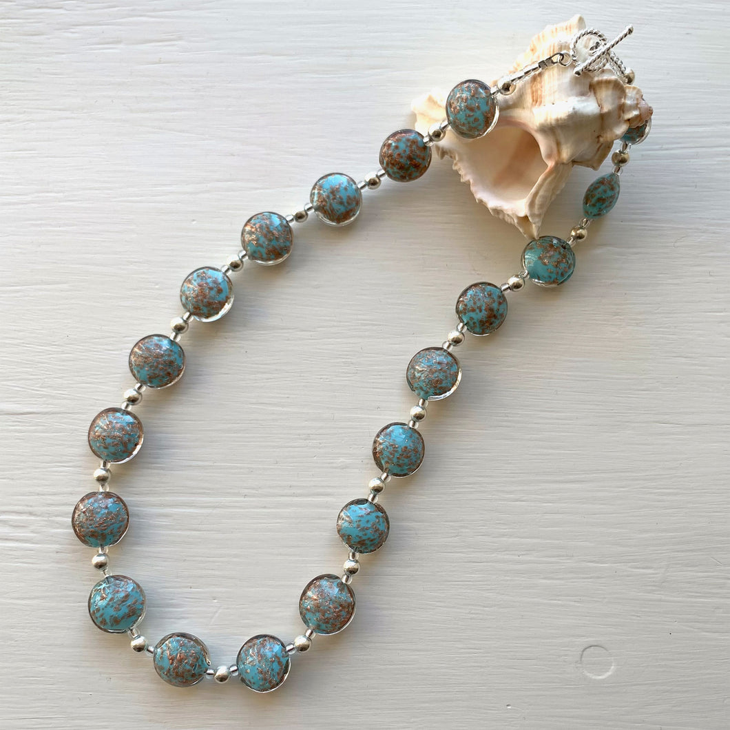 Necklace with blue pastel and aventurine dust Murano glass small lentil beads on silver