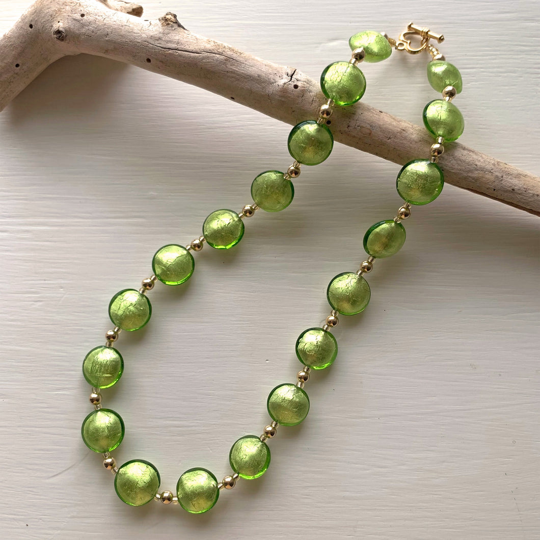 Necklace with light green (lime, peridot) Murano glass medium lentil beads on gold